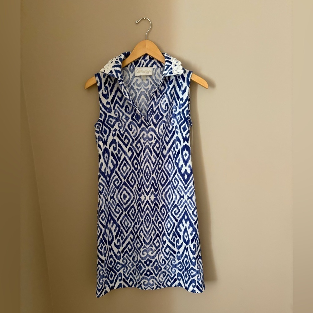 Pappagallo Blue and White Geometric Mini Dress Size XS with crochet details